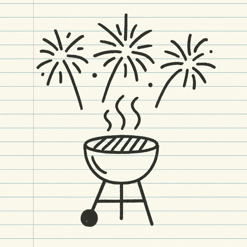 Animated sketch of a charcoal grill with fireworks in the background and the caption “Chef, Leo” written next to a chef’s hat doodle on lined notebook paper.