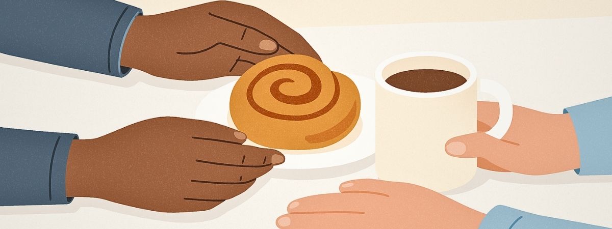 Two people enjoying a pastry and coffee.