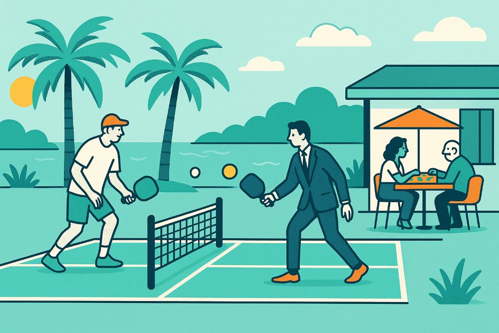 Illustration of a pickleball game between a casually dressed player and a suited businessman, set against a lakeside backdrop with palm trees and a café where people are playing checkers, symbolizing community and recreation at The Fort in South Florida.