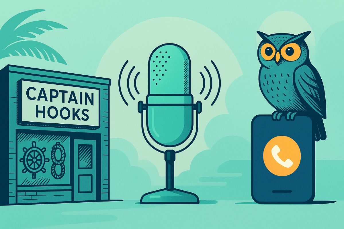 Illustration showing Jason R. Hill’s journey: a nautical-themed "Captain Hooks" storefront, a central podcast microphone, and an owl perched on a smartphone with a call icon, symbolizing the Owwll App.