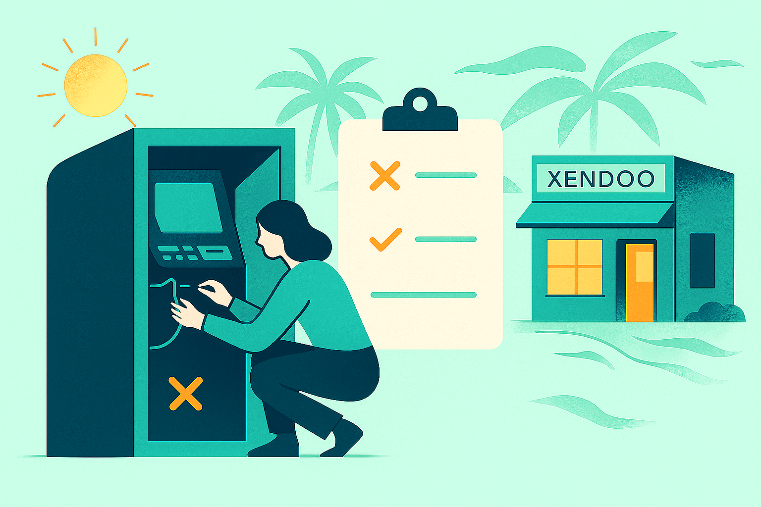Minimalist illustration of a woman wiring an ATM with a Xendoo storefront in the background, symbolizing small business innovation and resilience.