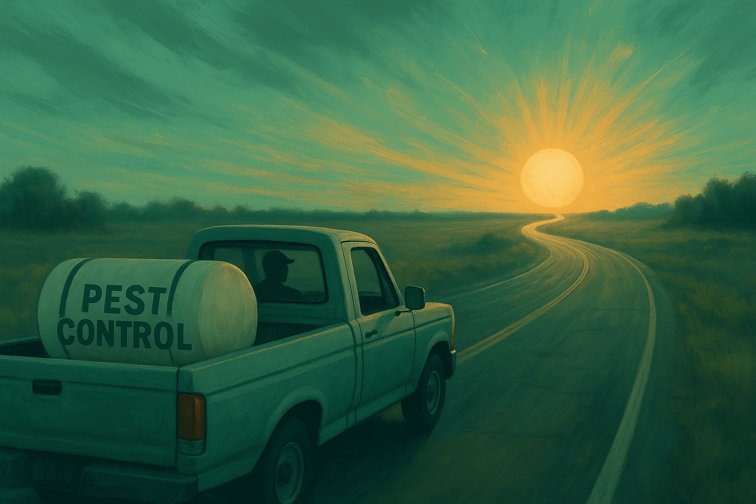 Illustration of a pest control truck driving along a winding road at sunset, representing a metaphorical journey of growth and resilience in Florida.