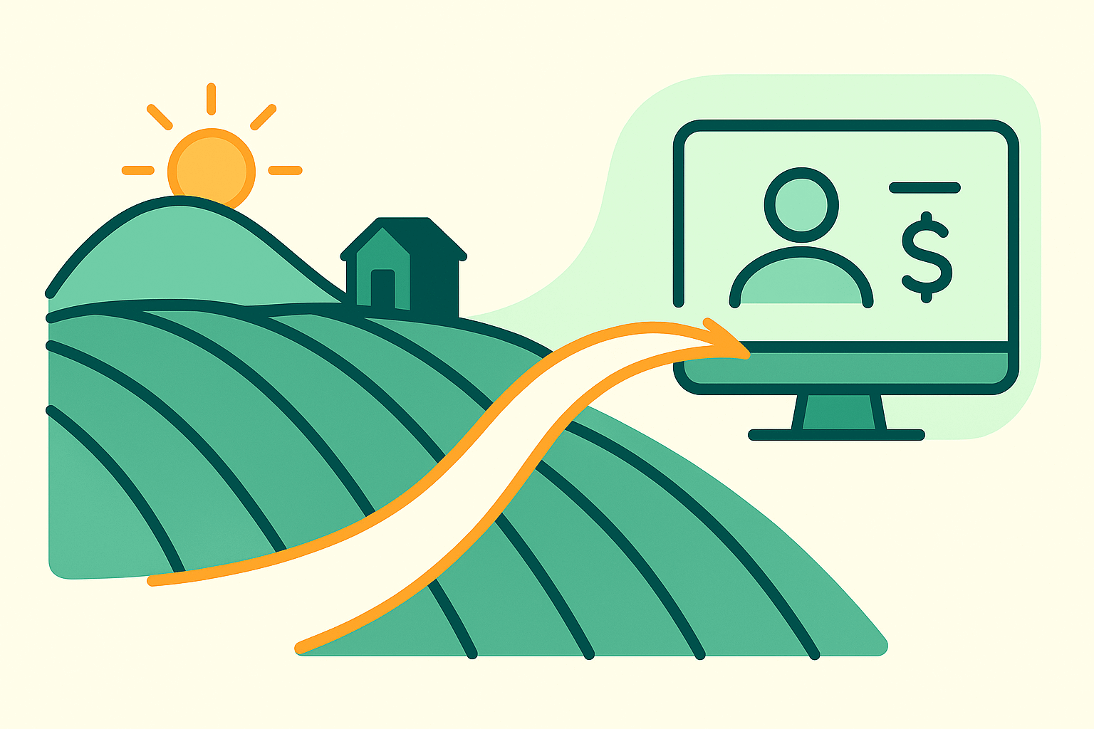 Stylized illustration showing a transition from a green farm with a barn under the sun to a digital banking interface, connected by a flowing orange arrow.