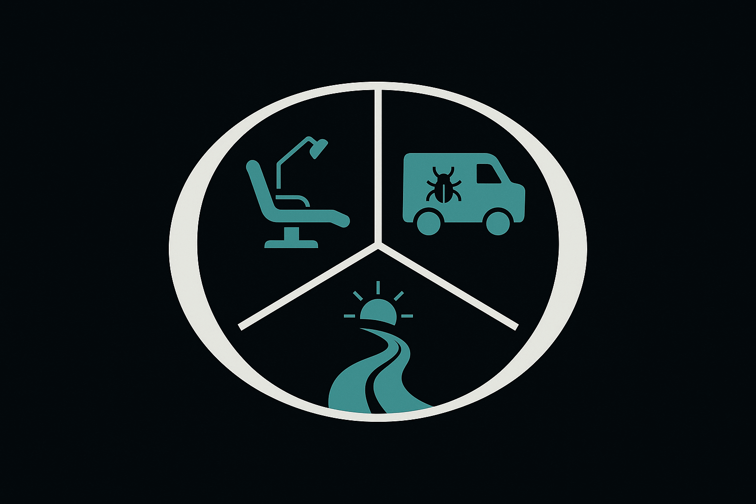 Minimalist graphic featuring three teal icons—a dentist chair, a pest control truck, and a winding road to the sun—arranged in a circle on a black background, symbolizing the journey of entrepreneur Javier Jorge.