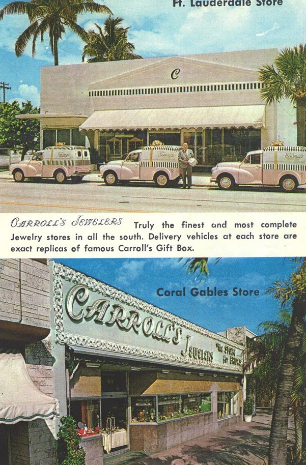 Historic photo of Carroll's Jewelers storefronts and branded delivery cars shaped like gift boxes, including the Coral Gables location on Miracle Mile in South Florida.