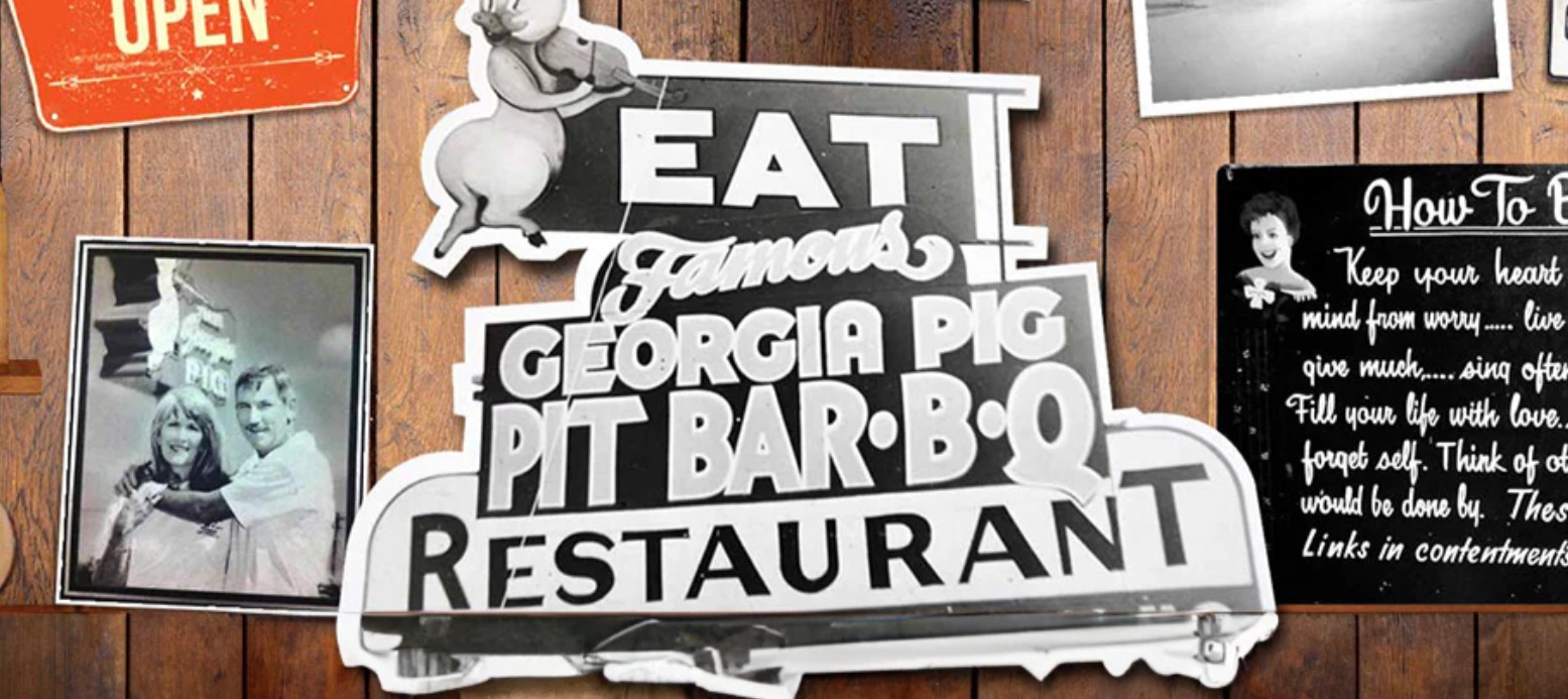 Historic Georgia Pig BBQ sign with pig mascot and black-and-white photos of past owners, celebrating the Fort Lauderdale restaurant’s legacy since 1953.