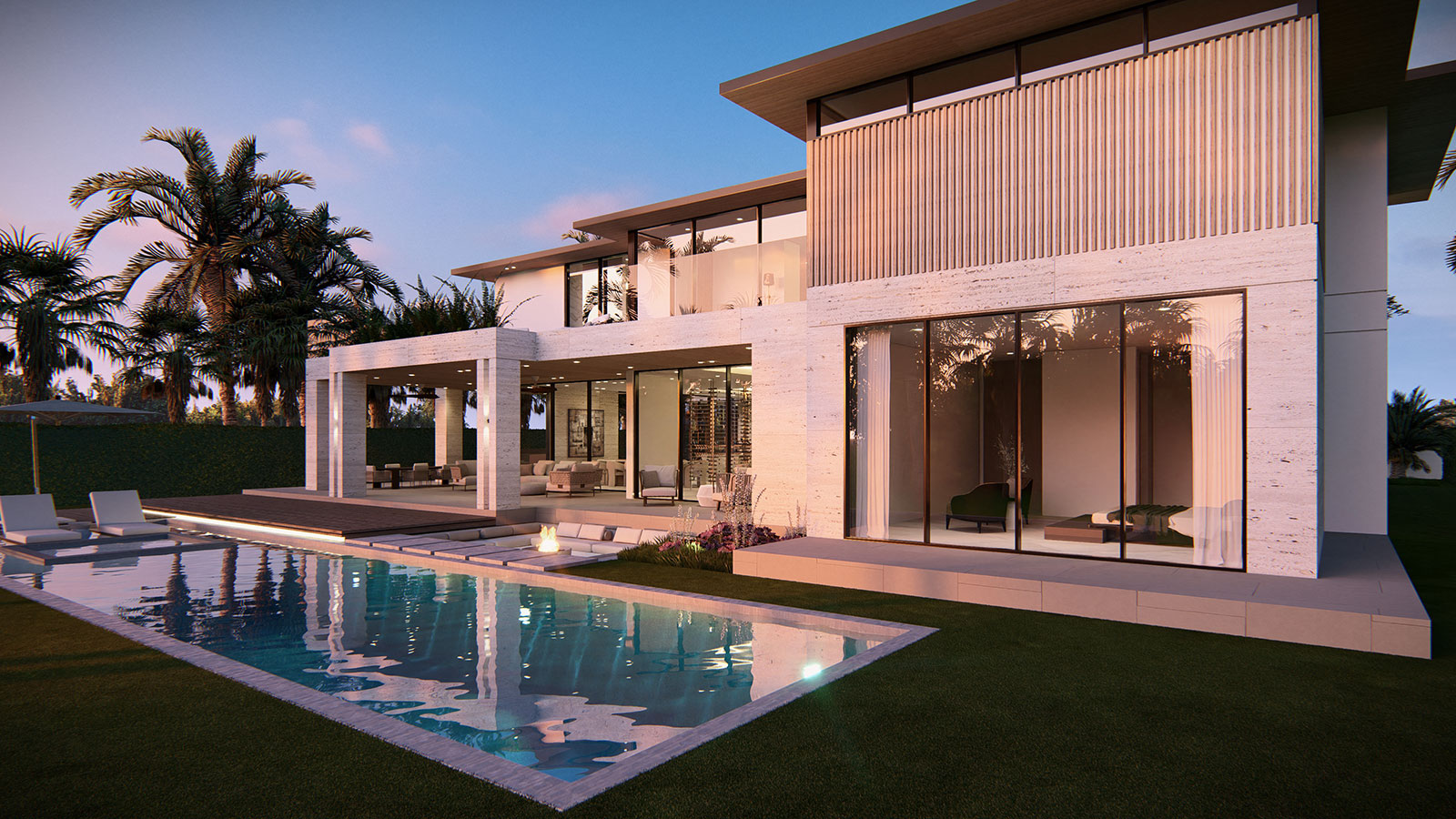 Contemporary waterfront home with a pool and large glass windows at dusk.