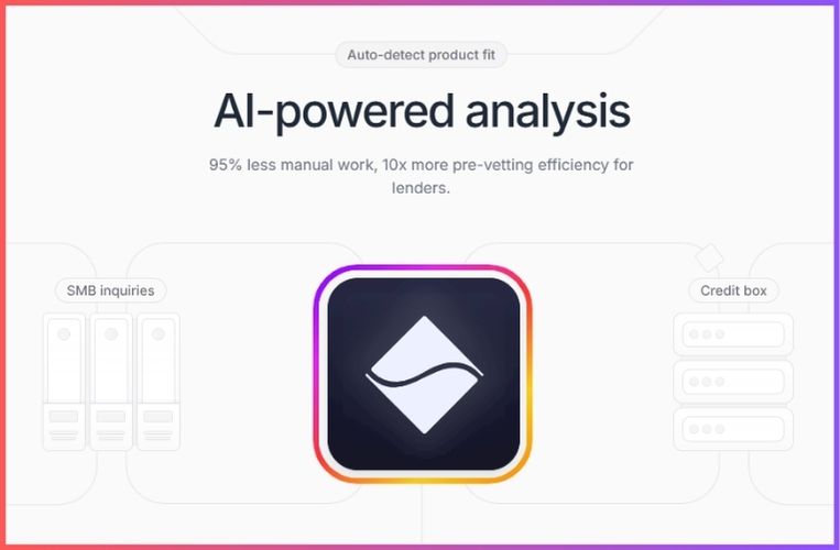 Parlay’s AI-powered platform reduces manual work and accelerates pre-vetting for lenders. Parlay Finance graphic showing AI-powered loan analysis for SMB lending. Text highlights 95% reduction in manual work and 10x pre-vetting efficiency for lenders.